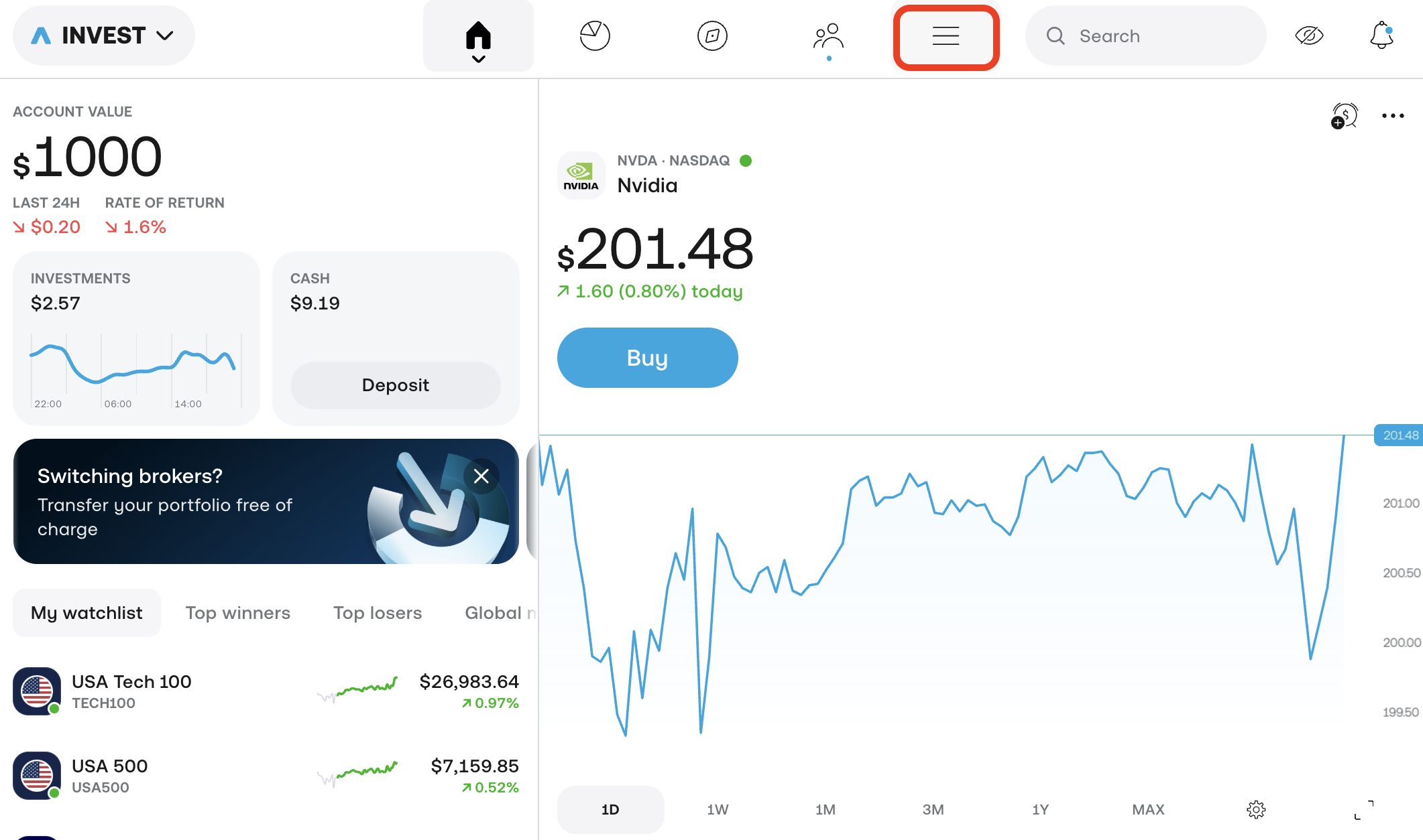 Trading 212 broker connection 1 — open the hamburger menu