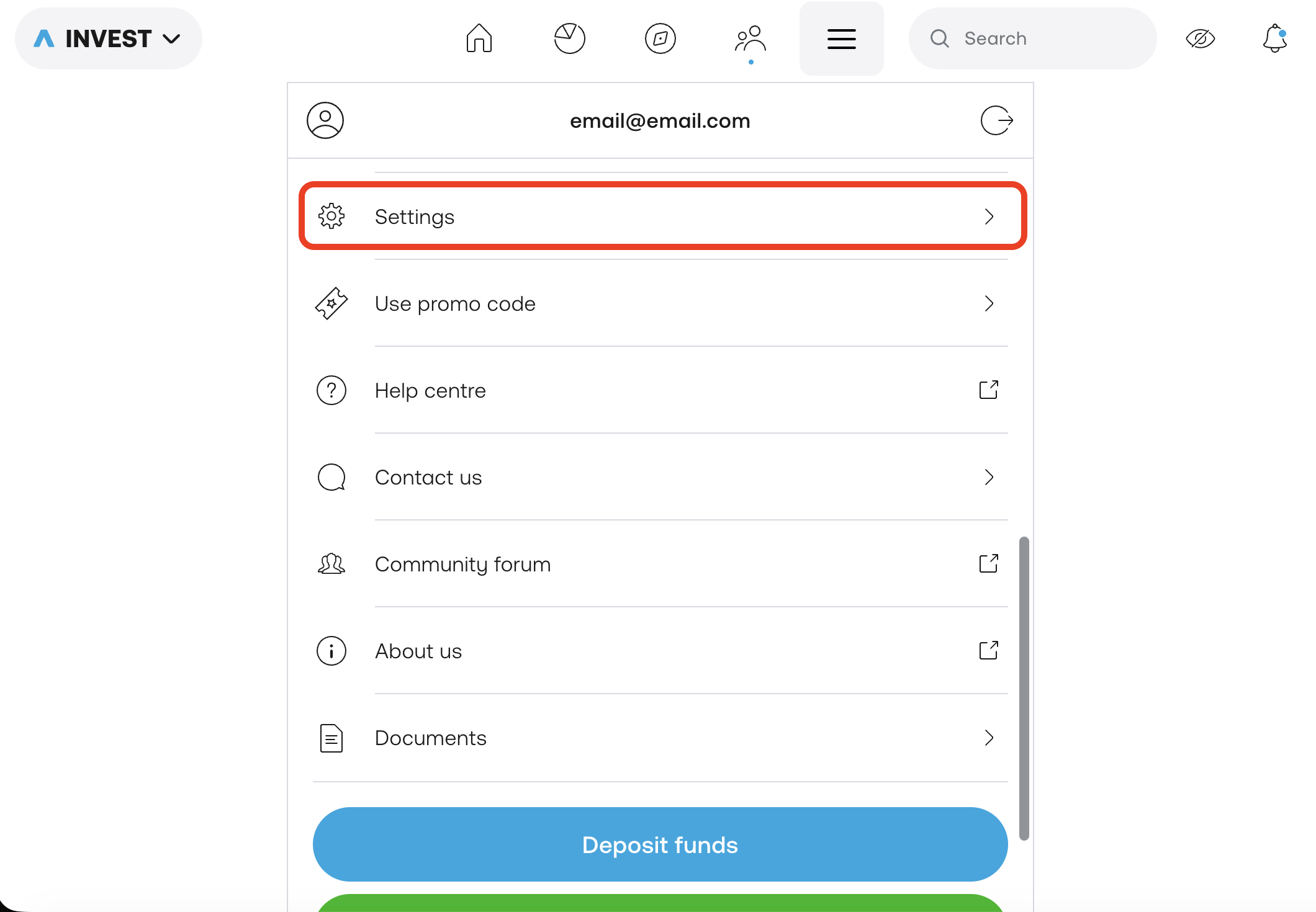 Trading 212 broker connection 2 — go to Settings
