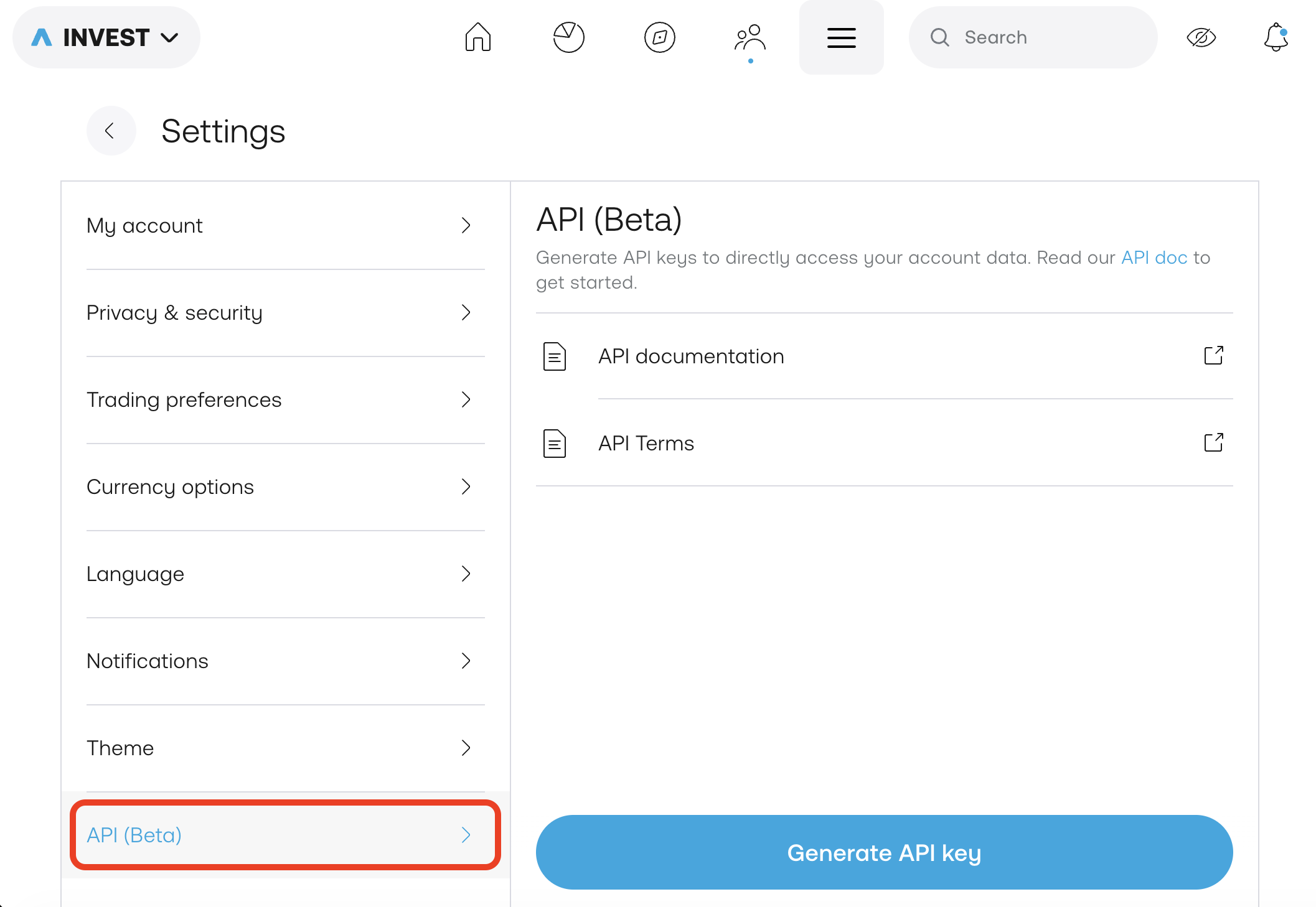 Trading 212 broker connection 3 — open API (Beta) and generate key