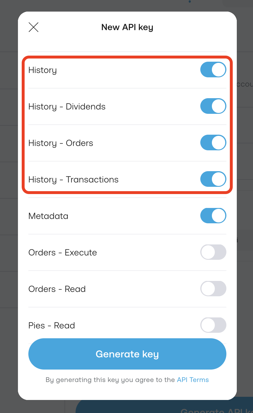 Trading 212 broker connection 5 — enable all History permissions and generate key