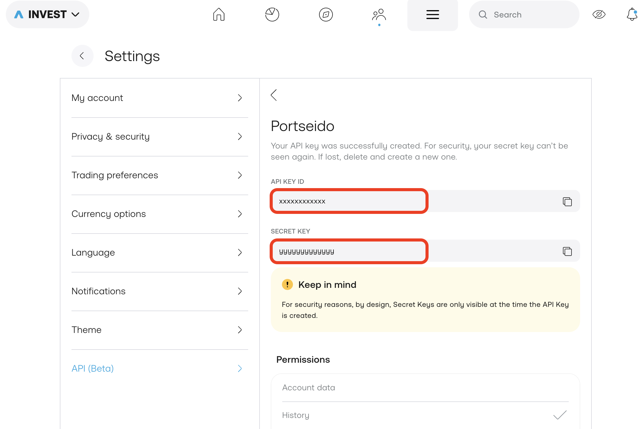 Trading 212 broker connection 6 — copy API Key ID and Secret Key