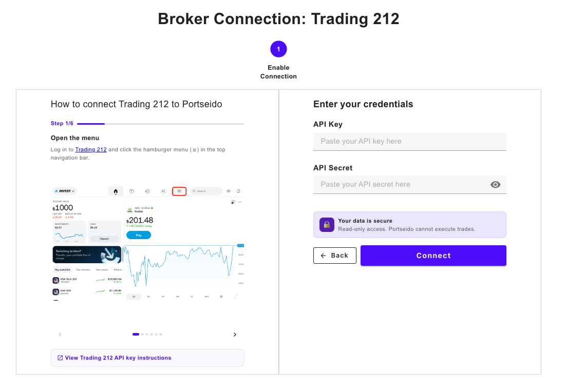 Trading 212 broker connection 7 — paste on Portseido