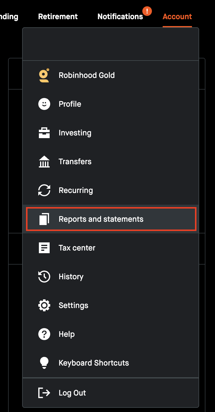 Robinhood account menu