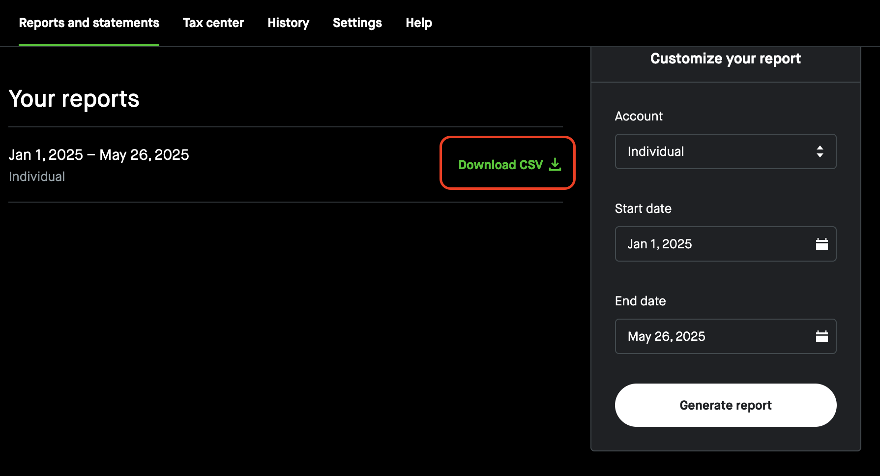 Download Robinhood CSV